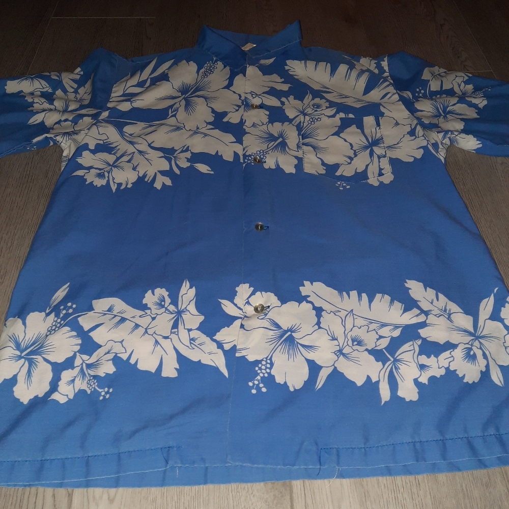 Mens Hawaiian Shirt Aikane Medium Large Blue White Floral